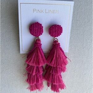 PINK LINEN Beaded Tassel Post Earrings Pink New